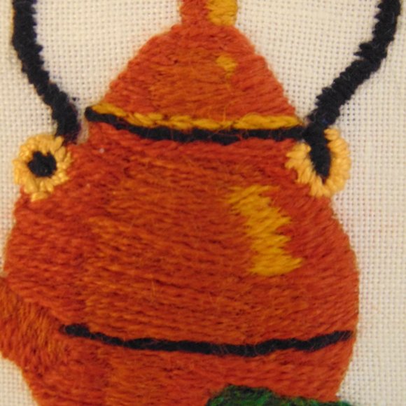 Vintage Tea Kettle and Tea Bag Box, Crewel, Wood Frame, 8x6 - Picture 5 of 5